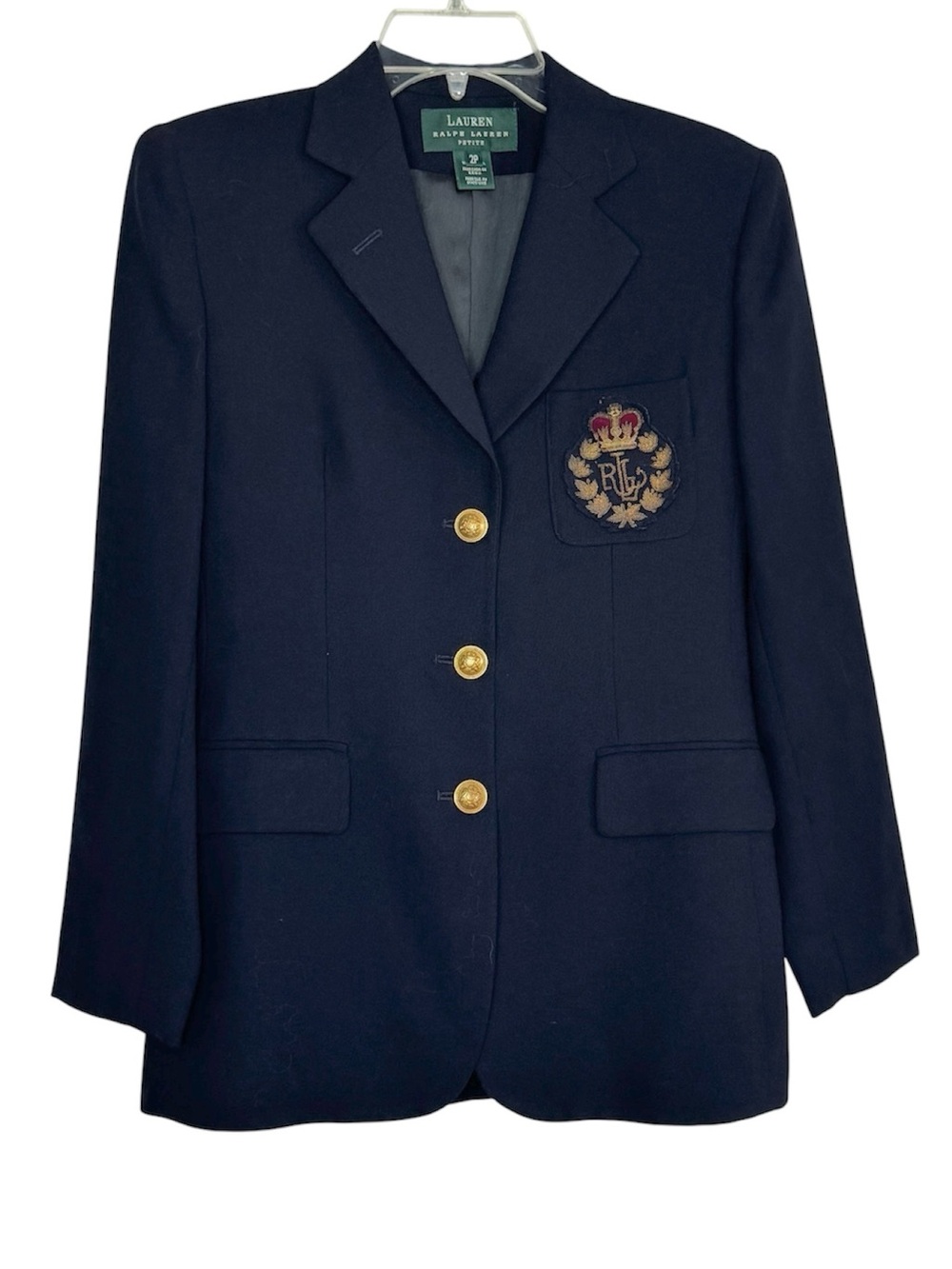 Vintage 90’s Lauren Ralph Lauren Navy 3D Crown Crest Wool Blazer Jacket Size 2P - Picture 2 of 13